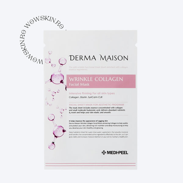 Bucurați-vă de beneficiile anti-îmbătrânire ale măștii faciale WRINKLE COLLAGEN FACIAL MASK de la DERMA MAISON. Acest produs esențial de frumusețe este realizat cu măiestrie cu o formulă puternică de colagen, prezentată pe un fundal violet vibrant, indicând proprietățile sale regenerative. Perfectă pentru diminuarea aspectului ridurilor, această mască hidratează și întărește, lăsând pielea revitalizată și netedă